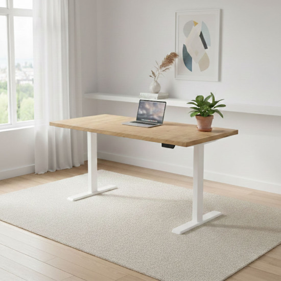 UVI LITE V2 Sit-Stand Desk Chalet Oak White Frame UVI LITE V2 electric sit-stand desk with KAINDL Chalet Oak desktop 139x68 cm and white metal frame, front view