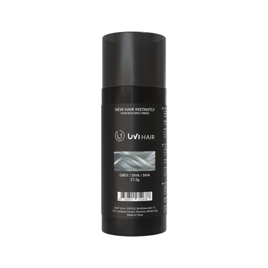 UVI Hair Fiber Grey, large 27.5g container of natural keratin hair building fibers for thinning hair, suitable for men and women
