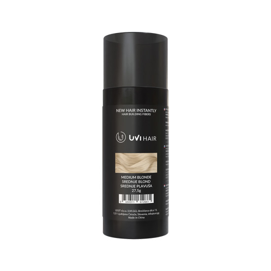 UVI Hair Fiber Medium Blonde large 27.5g bottle, natural keratin hair thickening fibres for men and women, up to 50 applications