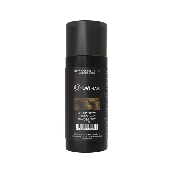UVI Hair Fiber Medium Brown large 27.5g container, natural keratin hair building fibres for thinning hair, up to 50 applications