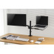 UVI black laptop and tablet tray attached to a VESA monitor arm, shown holding a laptop with adjustable depth and height settings
