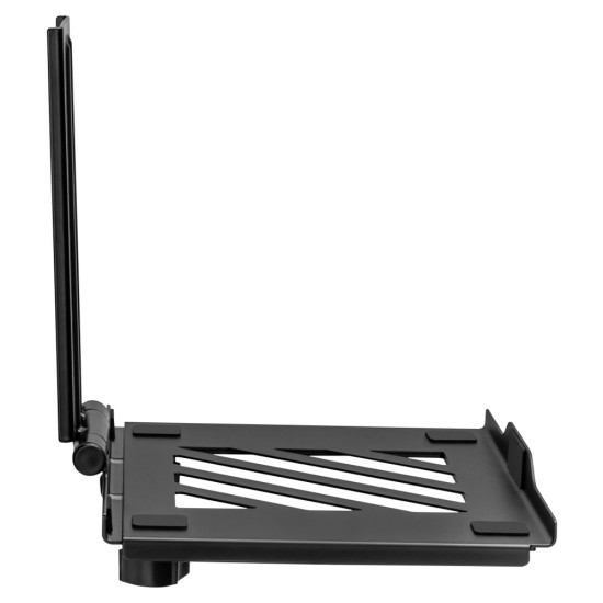 UVI black laptop and tablet tray attached to a VESA monitor arm, shown holding a laptop with adjustable depth and height settings