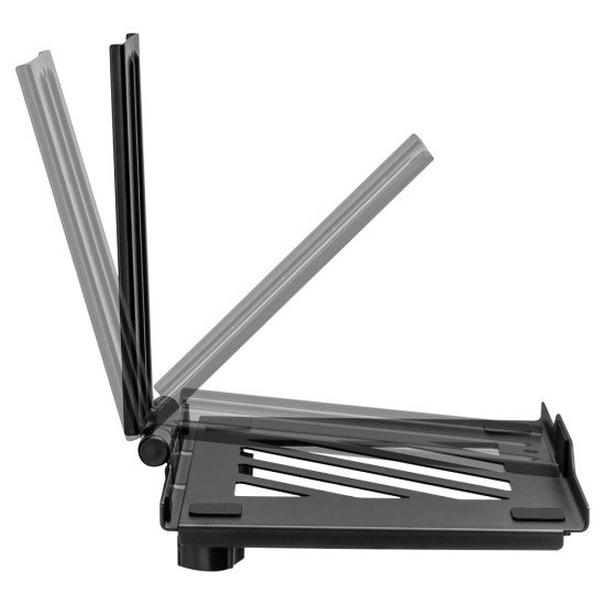 UVI black laptop and tablet tray attached to a VESA monitor arm, shown holding a laptop with adjustable depth and height settings