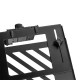 UVI black laptop and tablet tray attached to a VESA monitor arm, shown holding a laptop with adjustable depth and height settings