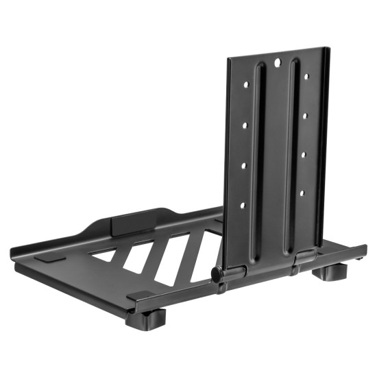 UVI black laptop and tablet tray attached to a VESA monitor arm, shown holding a laptop with adjustable depth and height settings