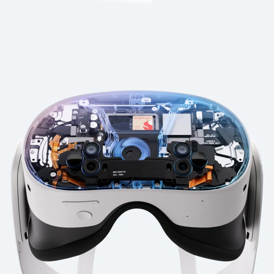 Meta Quest 3S 128GB VR headset front view, white and black design with adjustable head strap and integrated speakers