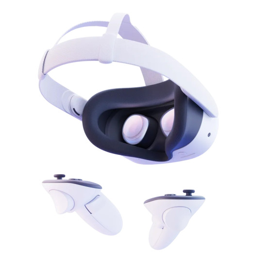 Meta Quest 3S 128GB VR headset front view, white and black design with adjustable head strap and integrated speakers