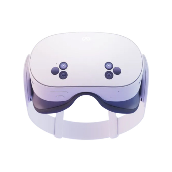 Meta Quest 3S 128GB VR headset front view, white and black design with adjustable head strap and integrated speakers