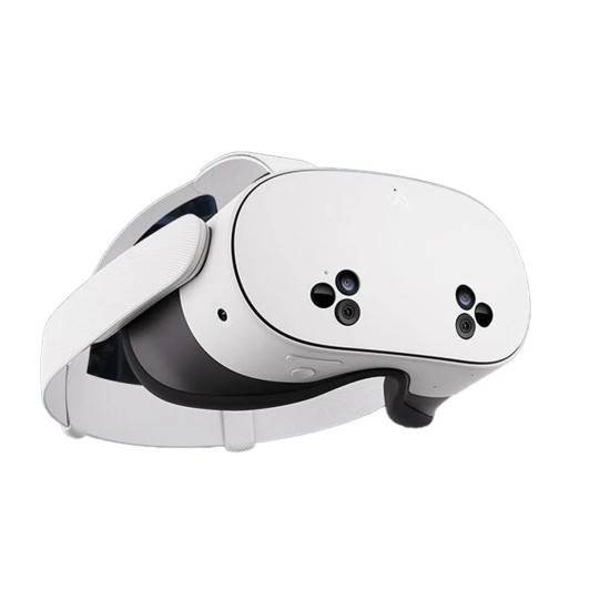 Meta Quest 3S 128GB VR headset front view, white and black design with adjustable head strap and integrated speakers