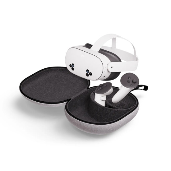 Meta Quest 3 / 3S Compact Carrying Case Meta Quest 3 and Quest 3S compact carrying case open to show felt shell and moulded plastic inner compartments holding headset, controllers, and cables