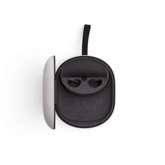 Meta Quest 3 / 3S Compact Carrying Case Meta Quest 3 and Quest 3S compact carrying case open to show felt shell and moulded plastic inner compartments holding headset, controllers, and cables