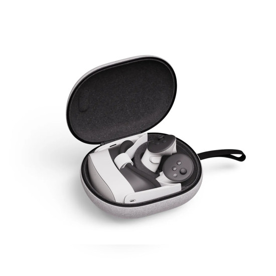 Meta Quest 3 / 3S Compact Carrying Case Meta Quest 3 and Quest 3S compact carrying case open to show felt shell and moulded plastic inner compartments holding headset, controllers, and cables