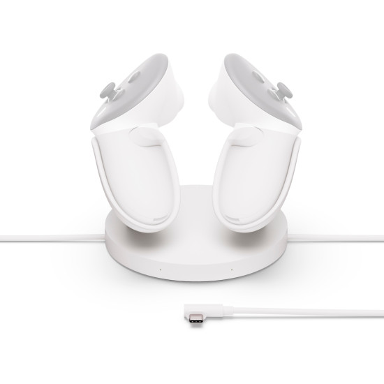 Meta Quest 3/3S Compact Charging Dock with drop-in slots for headset and Touch Plus controllers, compact white charging station with rechargeable batteries