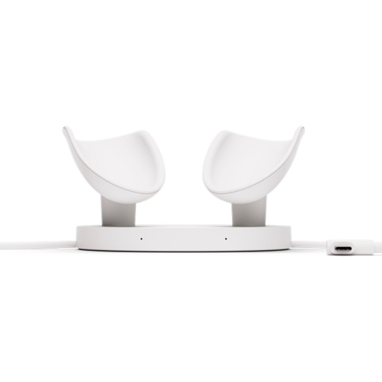 Meta Quest 3/3S Compact Charging Dock with drop-in slots for headset and Touch Plus controllers, compact white charging station with rechargeable batteries