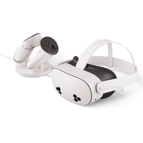Meta Quest 3/3S Compact Charging Dock with drop-in slots for headset and Touch Plus controllers, compact white charging station with rechargeable batteries