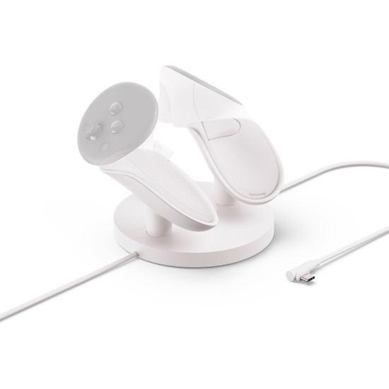 Meta Quest 3/3S Compact Charging Dock with drop-in slots for headset and Touch Plus controllers, compact white charging station with rechargeable batteries