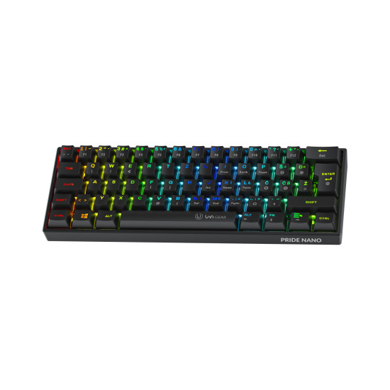 UVI Gear Pride Nano 60% RGB rdeča stikala SLO/CRO UVI Gear Pride Nano 60% RGB mehanska gaming tipkovnica z rdečimi stikali in slovensko-hrvaško postavitvijo tipk