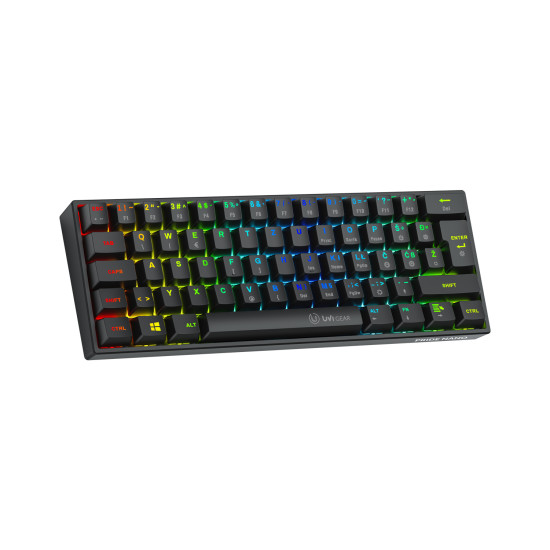 UVI Gear Pride Nano 60% RGB rdeča stikala SLO/CRO UVI Gear Pride Nano 60% RGB mehanska gaming tipkovnica z rdečimi stikali in slovensko-hrvaško postavitvijo tipk