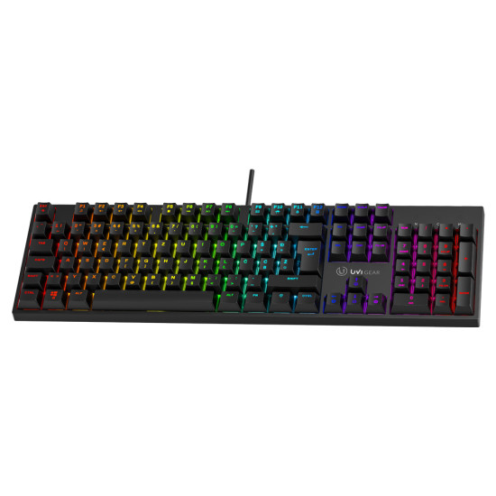 UVI Greed V2 Brown Switch RGB Keyboard SLO/CRO UVI Greed V2 mechanical RGB gaming keyboard with Brown switches and SLO/CRO layout displaying full keyset with colourful RGB backlighting