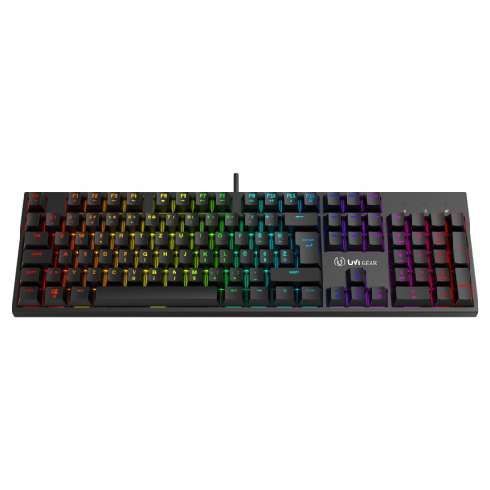 UVI Greed V2 Brown Switch RGB Keyboard SLO/CRO UVI Greed V2 mechanical RGB gaming keyboard with Brown switches and SLO/CRO layout displaying full keyset with colourful RGB backlighting