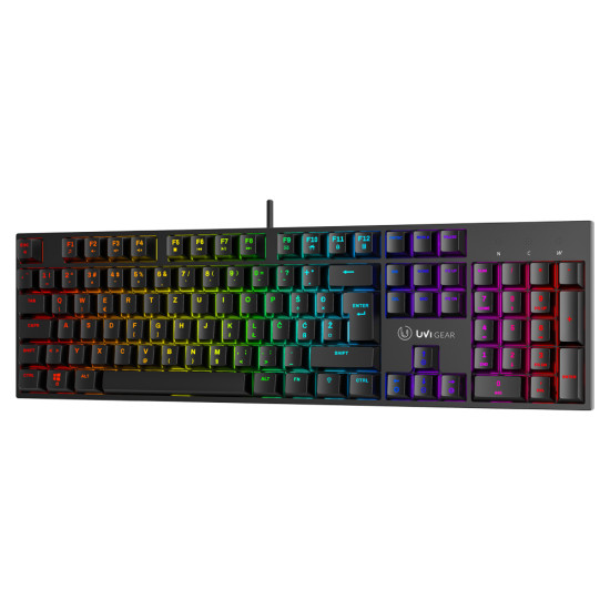 UVI Greed V2 Brown Switch RGB Keyboard SLO/CRO UVI Greed V2 mechanical RGB gaming keyboard with Brown switches and SLO/CRO layout displaying full keyset with colourful RGB backlighting