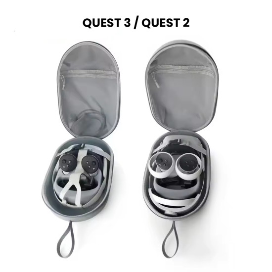 Grey carrying case for Meta Quest 3, Quest 3S, or Quest 2, with dedicated compartments for headset, Touch Plus controllers, straps, and charger