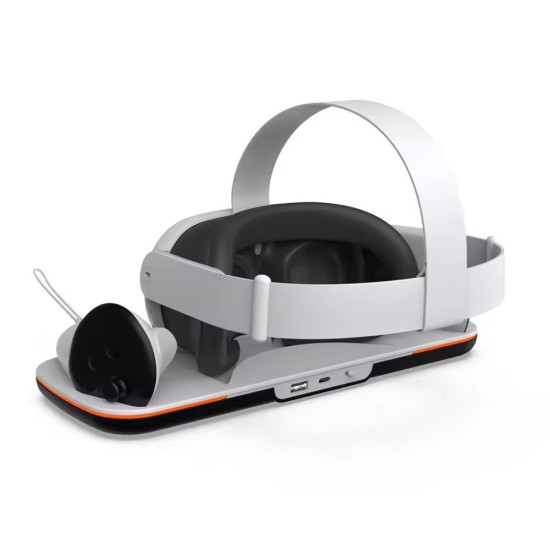 Meta Quest 3 Charging Dock & Stand Meta Quest 3 Charging Dock with LED charge indicators and slots for headset and two Touch Plus controllers on a compact white stand