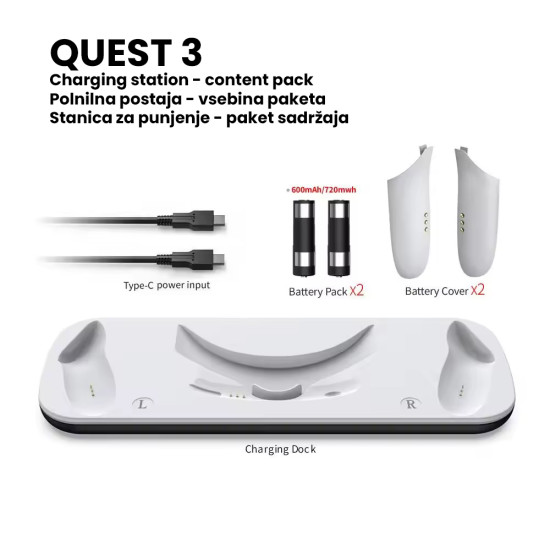 Meta Quest 3 Charging Dock & Stand Meta Quest 3 Charging Dock with LED charge indicators and slots for headset and two Touch Plus controllers on a compact white stand