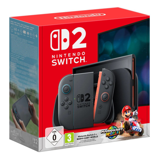 Nintendo Switch 2 console with Joy-Con 2 controllers and Mario Kart World game, showing 4K HDR hybrid gaming system
