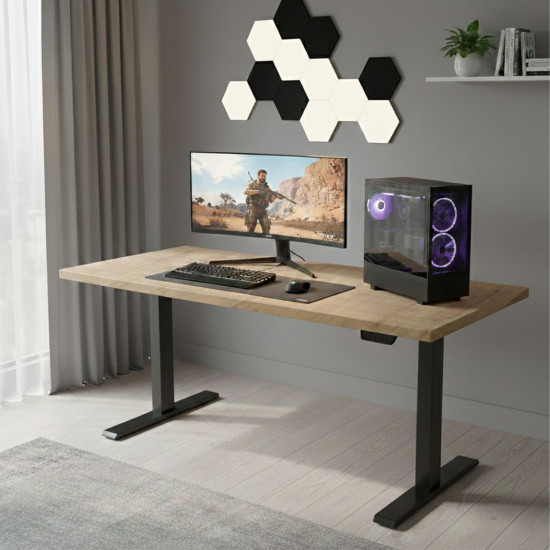 UVI LITE V2 Sit-Stand Desk Chalet Oak Black Frame UVI LITE V2 electric sit-stand desk with KAINDL Chalet Oak tabletop and black steel frame, shown at standing height