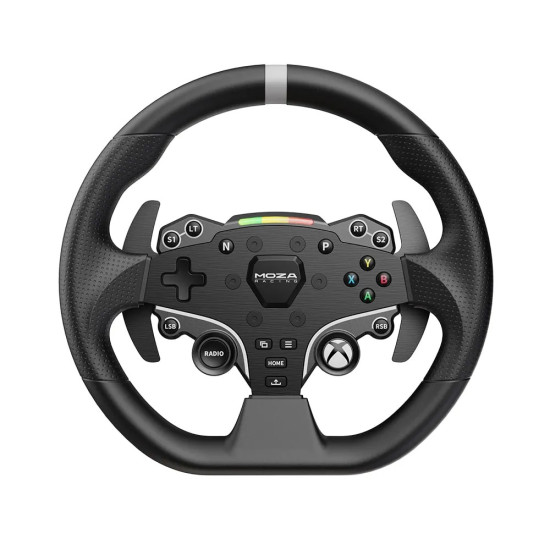 MOZA ESX RS052 racing wheel in black with aluminium and leather finish, designed for Xbox and PC sim racing