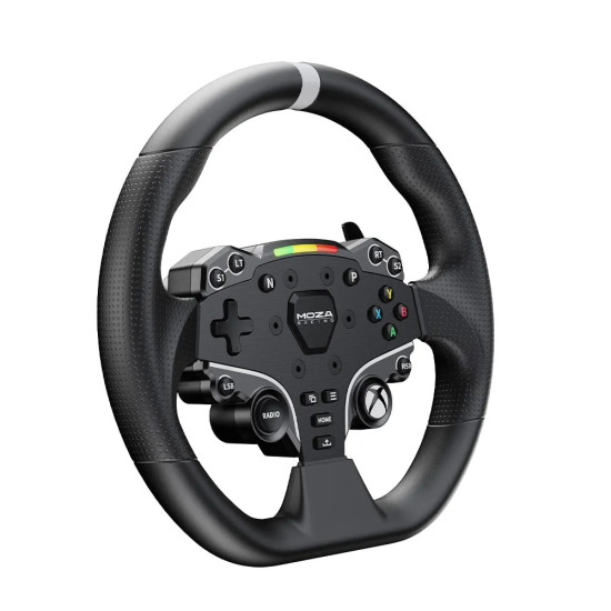 MOZA ESX RS052 racing wheel in black with aluminium and leather finish, designed for Xbox and PC sim racing
