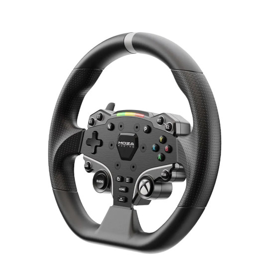 MOZA ESX RS052 racing wheel in black with aluminium and leather finish, designed for Xbox and PC sim racing