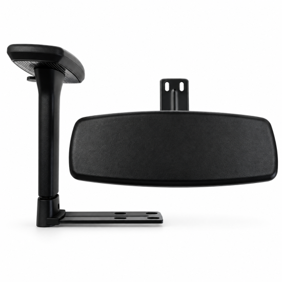 Pair of 3D adjustable chair armrests with 4 mounting holes, shown in multiple height and horizontal adjustment positions
