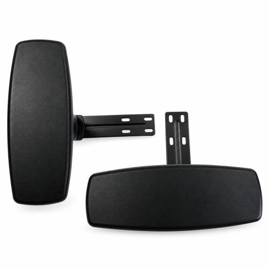Pair of 3D adjustable chair armrests with 4 mounting holes, shown in multiple height and horizontal adjustment positions