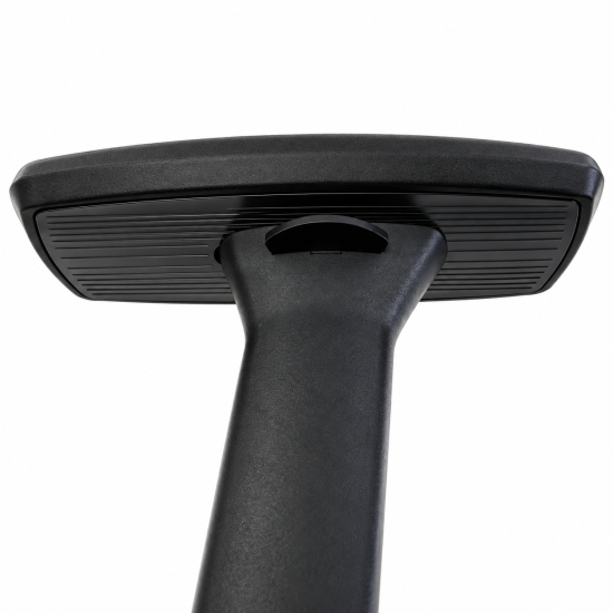 Pair of 3D adjustable chair armrests with 4 mounting holes, shown in multiple height and horizontal adjustment positions