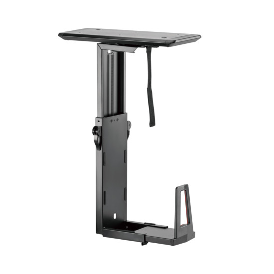 UVI Adjustable Under-Desk PC Mount V2 – up to 15 kg UVI Adjustable Under-Desk Computer Mount V2 installed beneath a desk, holding a PC tower with sliding track and swivel base visible