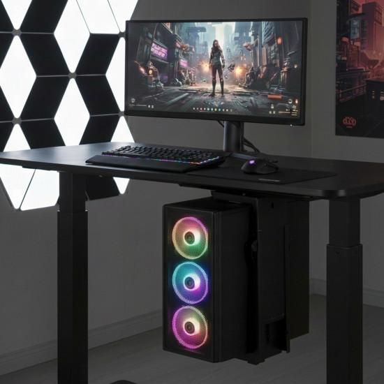 UVI Adjustable Under-Desk PC Mount V2 – up to 15 kg UVI Adjustable Under-Desk Computer Mount V2 installed beneath a desk, holding a PC tower with sliding track and swivel base visible