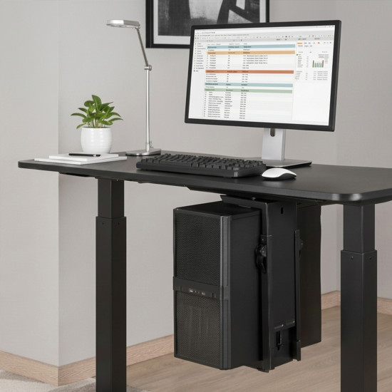 UVI Adjustable Under-Desk PC Mount V2 – up to 15 kg UVI Adjustable Under-Desk Computer Mount V2 installed beneath a desk, holding a PC tower with sliding track and swivel base visible