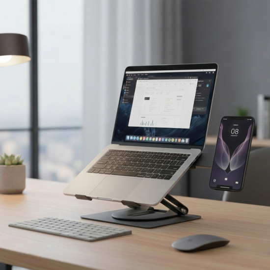 UVI 360° Foldable Height-Adjustable Laptop Riser UVI foldable laptop riser stand with 360-degree rotating base and magnetic phone holder, shown at adjustable height