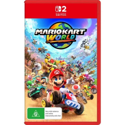Nintendo Switch 2 console with Joy-Con 2 controllers and Mario Kart World game, showing 4K HDR hybrid gaming system