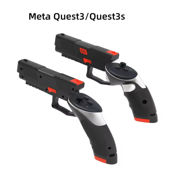 VR Pistol Handle Extensions – Meta Quest 3 & 3s VR pistol handle extension grips attached to Meta Quest 3 and 3s controllers, shown in black against a neutral background