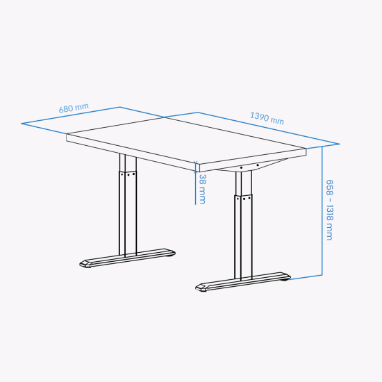 UVI STANDARD V2 Sit-Stand Desk Chalet Oak White UVI STANDARD V2 electric sit-stand desk with KAINDL Chalet Oak tabletop and white metal frame, front view