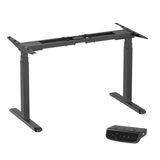 UVI Standard V2 electric sit-stand desk frame in black, showing 3-stage legs and adjustable width from 100 to 170 cm