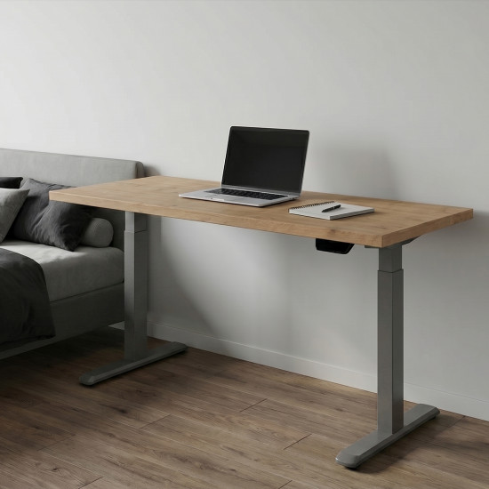 UVI STANDARD V2 electric sit-stand desk with KAINDL Chalet Oak tabletop and Grey metal frame, front view