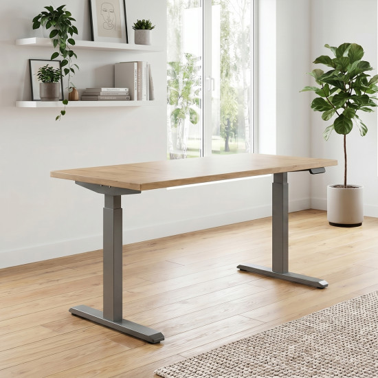 UVI STANDARD V2 electric sit-stand desk with KAINDL Chalet Oak tabletop and Grey metal frame, front view