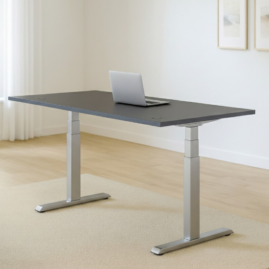 UVI Standard V2 Sit-Stand Desk Frame grey UVI Standard V2 electric sit-stand desk frame in grey, showing 3-stage legs and adjustable width from 100 to 170 cm
