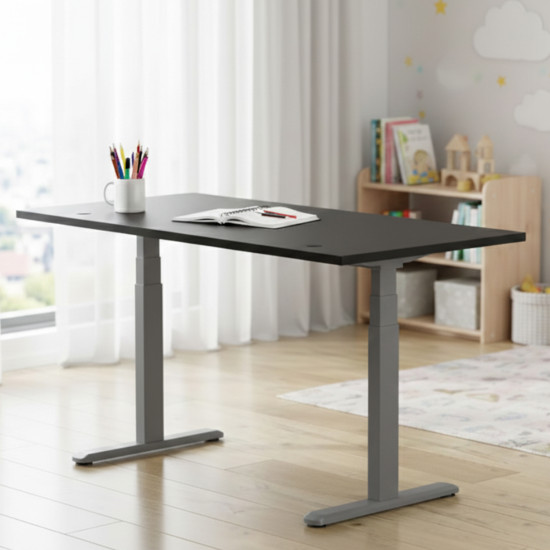 UVI Standard V2 Sit-Stand Desk Frame grey UVI Standard V2 electric sit-stand desk frame in grey, showing 3-stage legs and adjustable width from 100 to 170 cm