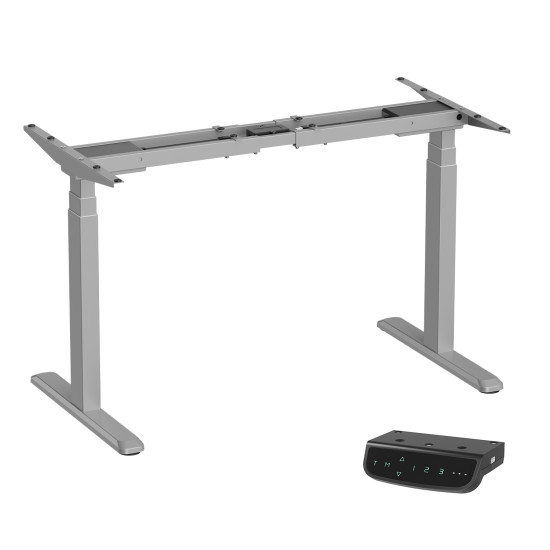 UVI Standard V2 Sit-Stand Desk Frame grey UVI Standard V2 electric sit-stand desk frame in grey, showing 3-stage legs and adjustable width from 100 to 170 cm