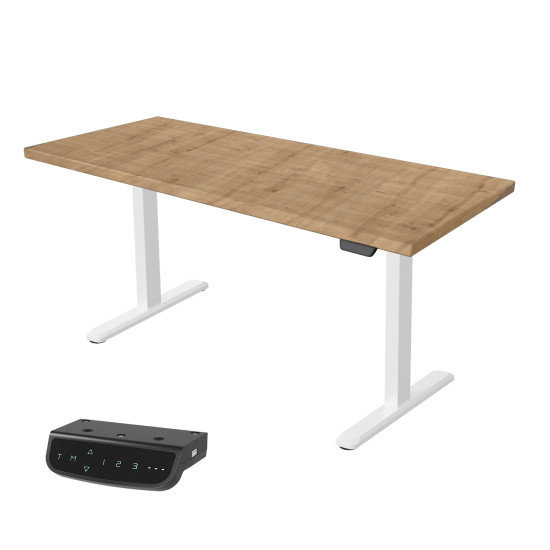 UVI STANDARD V2 Sit-Stand Desk Chalet Oak White UVI STANDARD V2 electric sit-stand desk with KAINDL Chalet Oak tabletop and white metal frame, front view